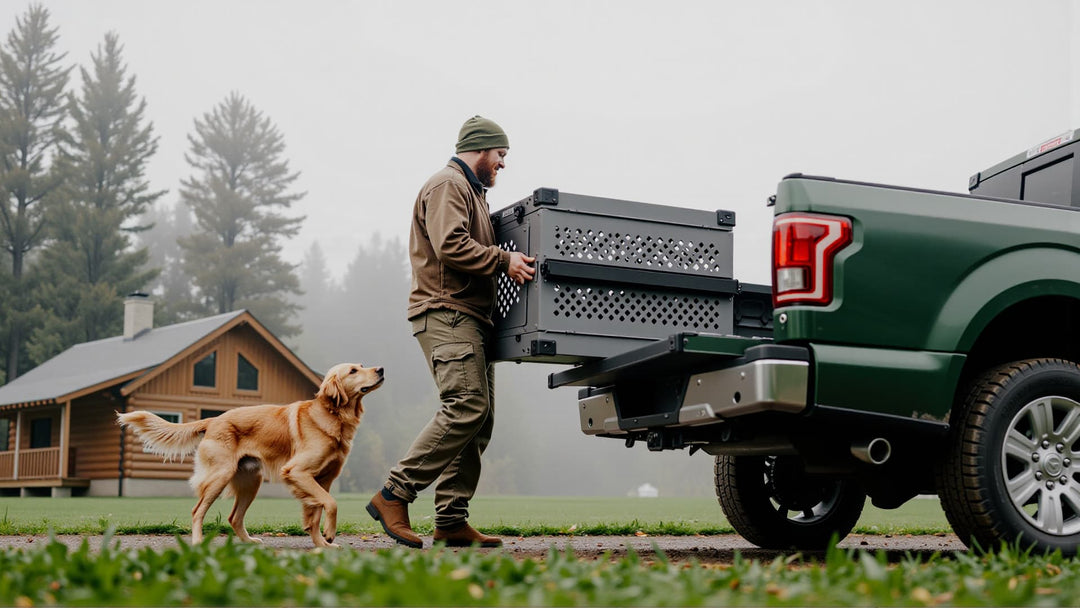 Man loading a truck bed with a dog walking beside him in a foggy outdoor setting.