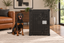 A Doberman Pinscher sitting beside Impact's High Anxiety Crate in a tidy living room.