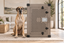 A Great Dane sitting beside Impact's gray High Anxiety Crate in a bright living room.