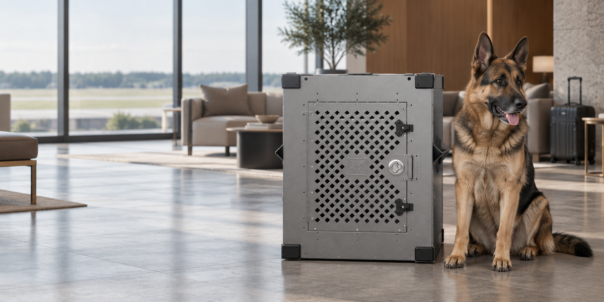 German Shepherd beside a gray Impact Airline Dog Crate