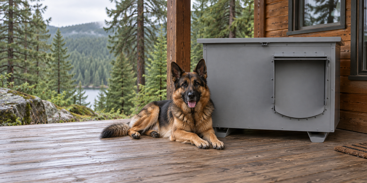 Dog resting inside an Insulated Dog Condo in a rainy backyard