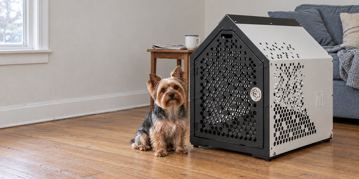 Yorkshire Terrier beside the Impact Dog Den in a living room