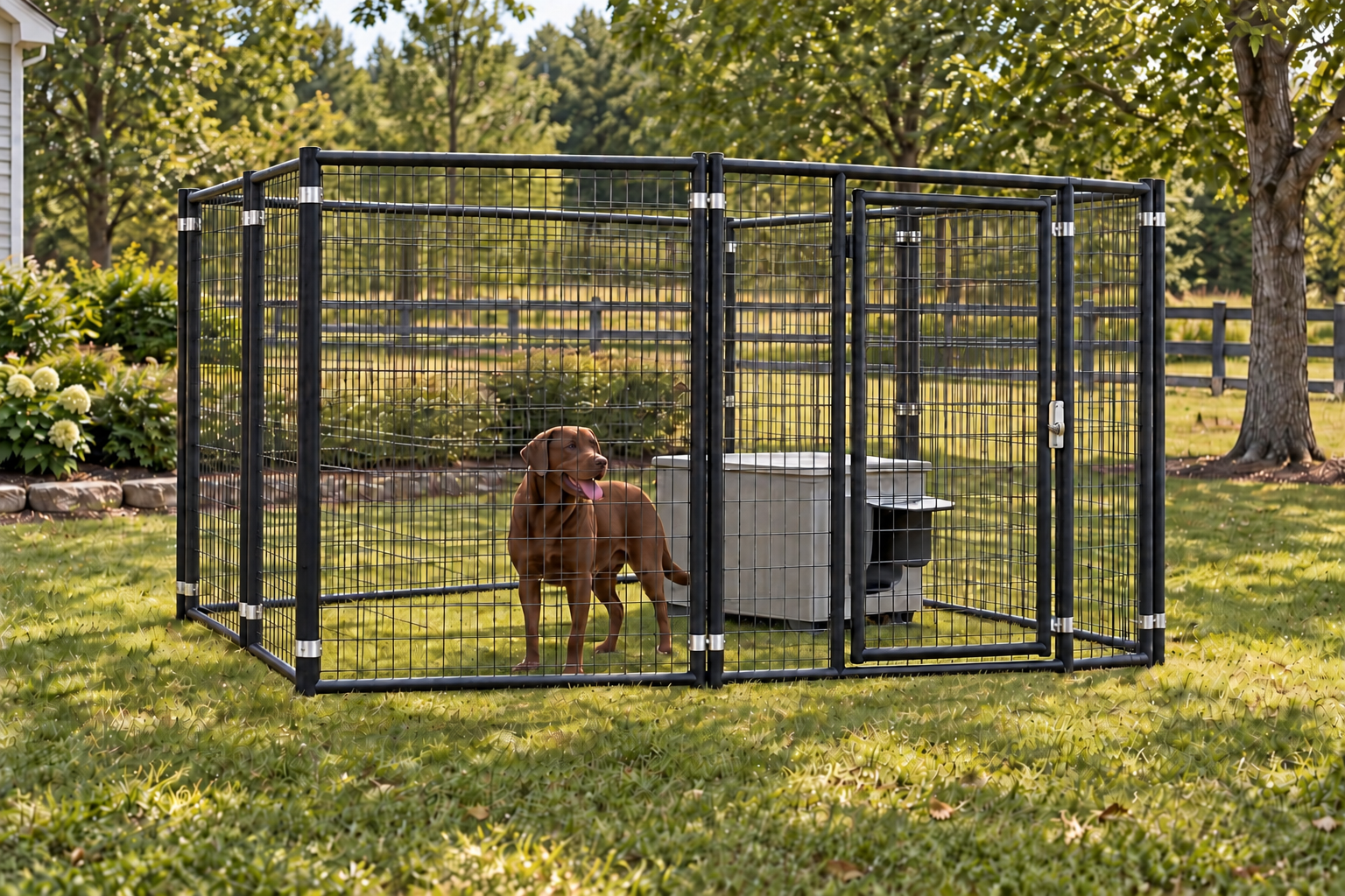 10x10 kennel with a brown dog and gray dog shelter in a yard #size_10x10