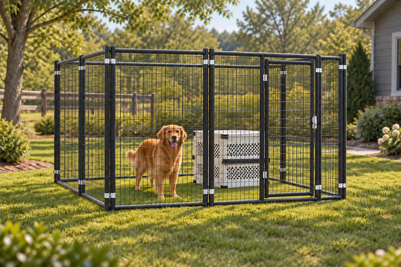 10x10 kennel with a golden dog and white crate in a yard #size_10x10