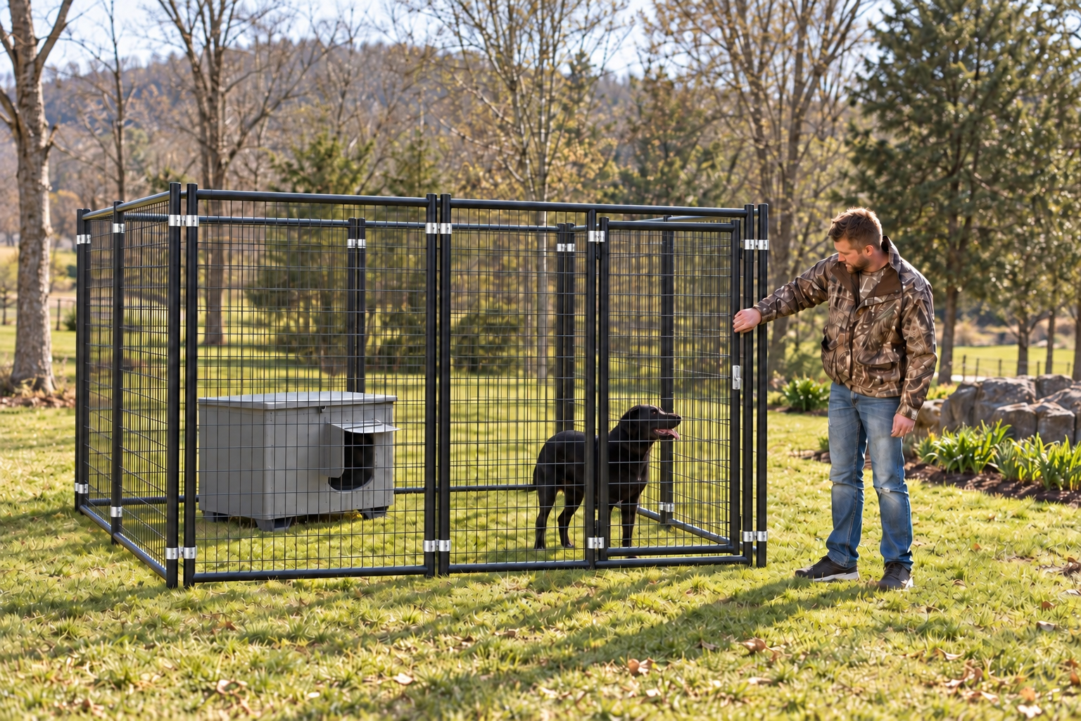 10x10 kennel with a black dog and gray dog shelter, with a man beside the gate #size_10x10