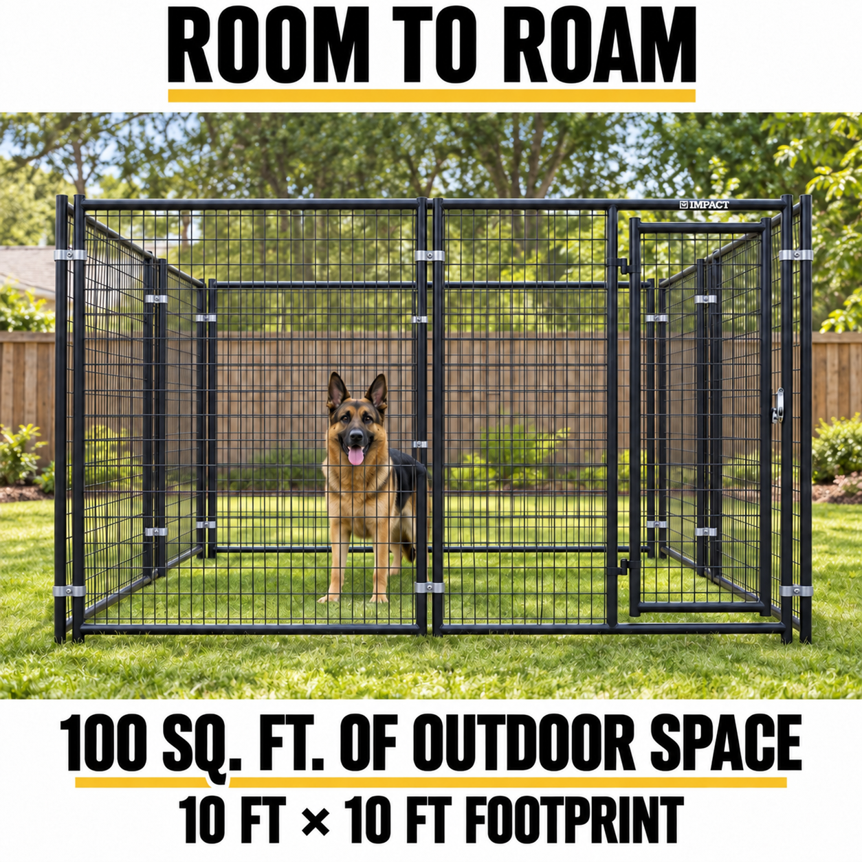 10x10 kennel with 100 square feet of outdoor space and a German Shepherd #size_10x10