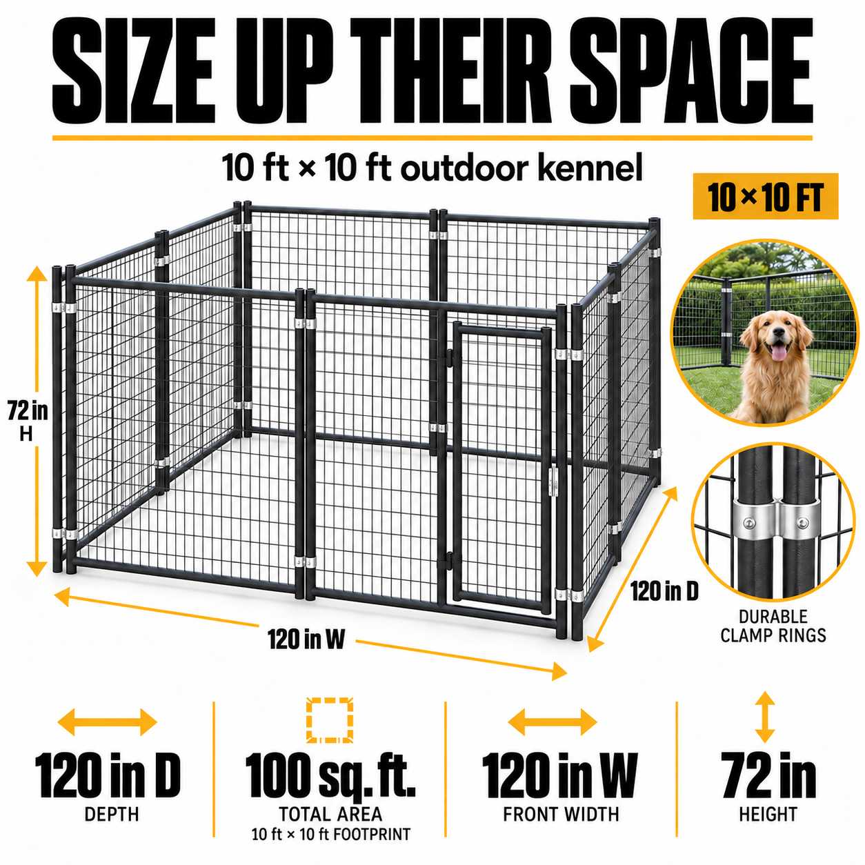 10x10 kennel dimensions: 72 inches high, 120 inches wide and 120 inches deep; 100 square feet #size_10x10