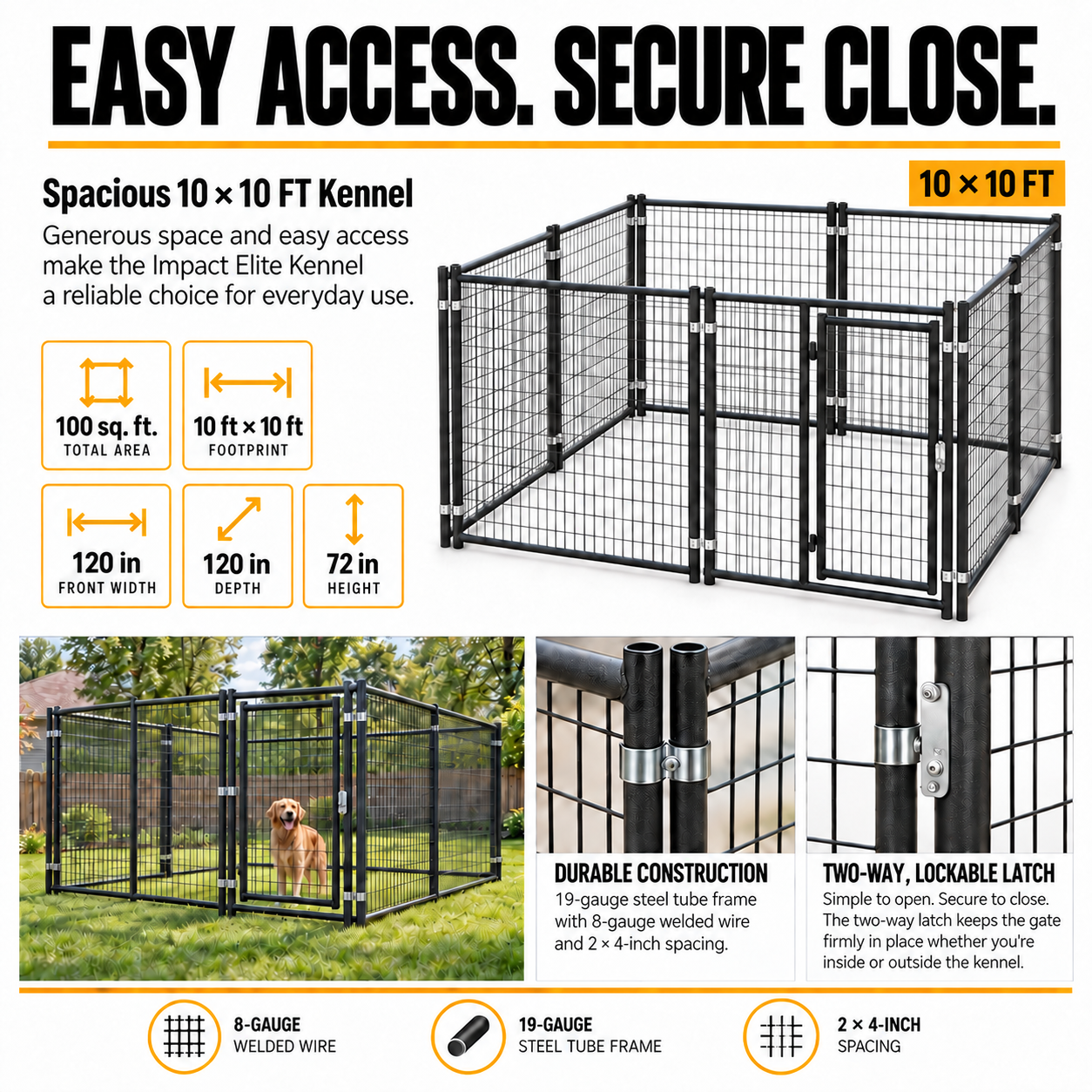 10x10 kennel with two-way lockable latch and steel panel clamps #size_10x10