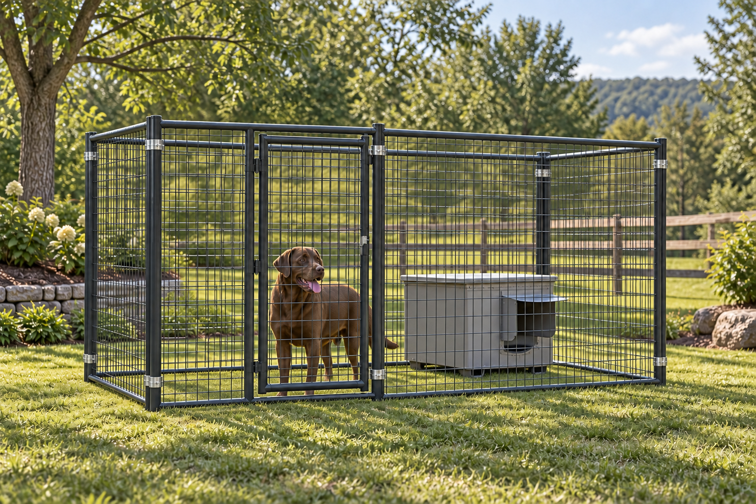 5x10 kennel with a brown dog and dog shelter in a yard #size_5x10