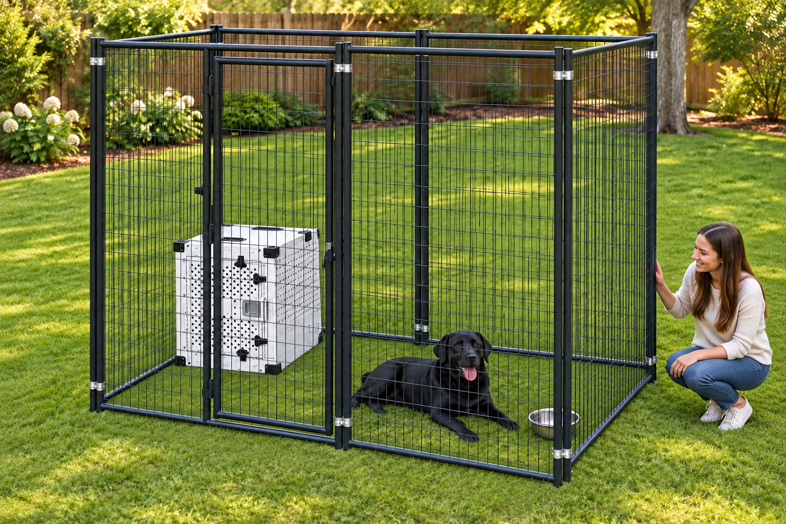 5x10 kennel with a black dog, white crate and owner beside it #size_5x10
