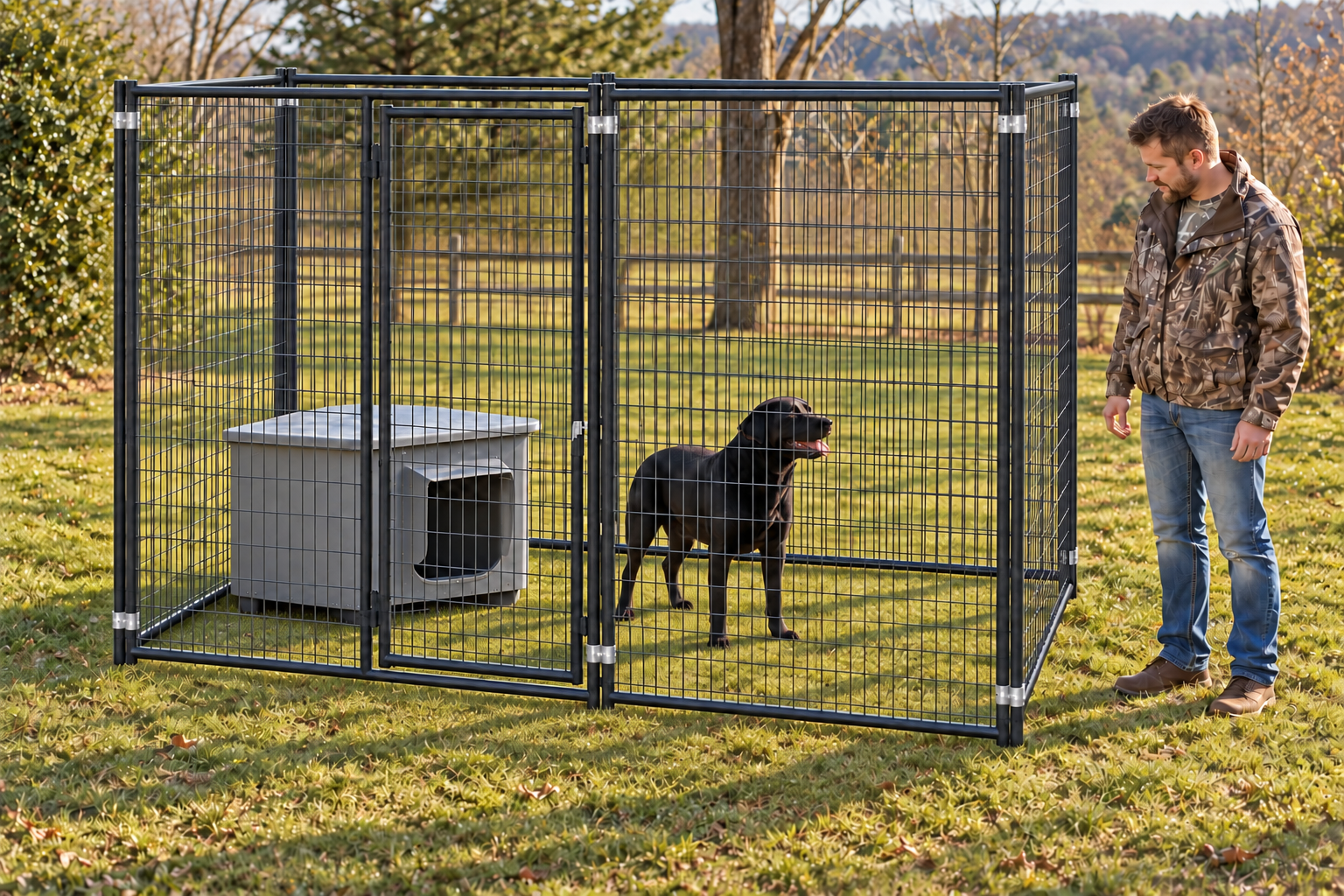 5x10 kennel with a black dog, dog shelter and owner #size_5x10