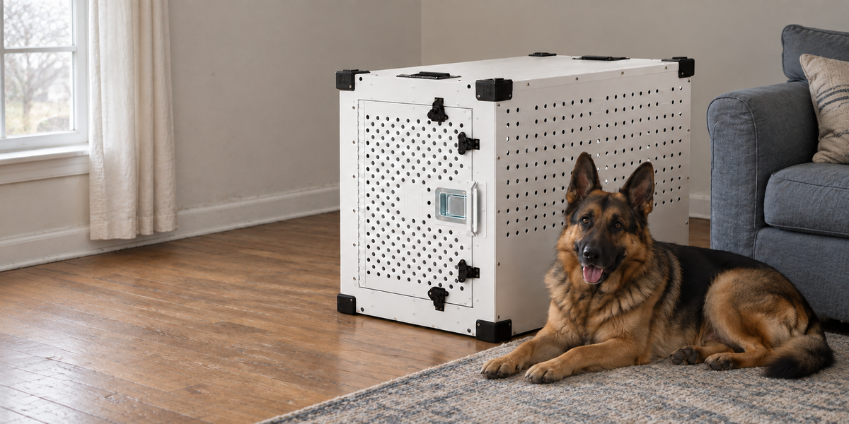 German Shepherd resting beside a white Impact High Anxiety Crate at home