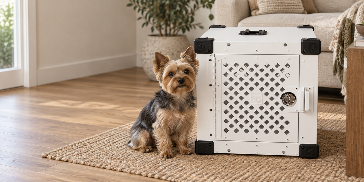 Yorkshire Terrier beside a white Mini Stationary Dog Crate in a living room