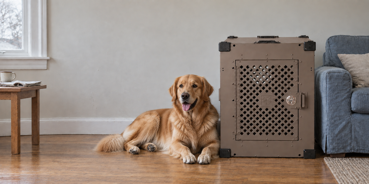 Golden Retriever relaxing beside the aluminum Stationary Crate