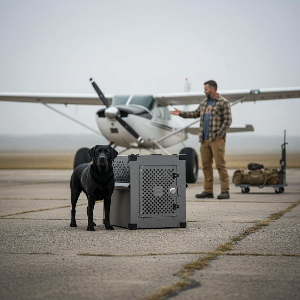 Airline Dog Crate beside a black Labrador and a small aircraft
