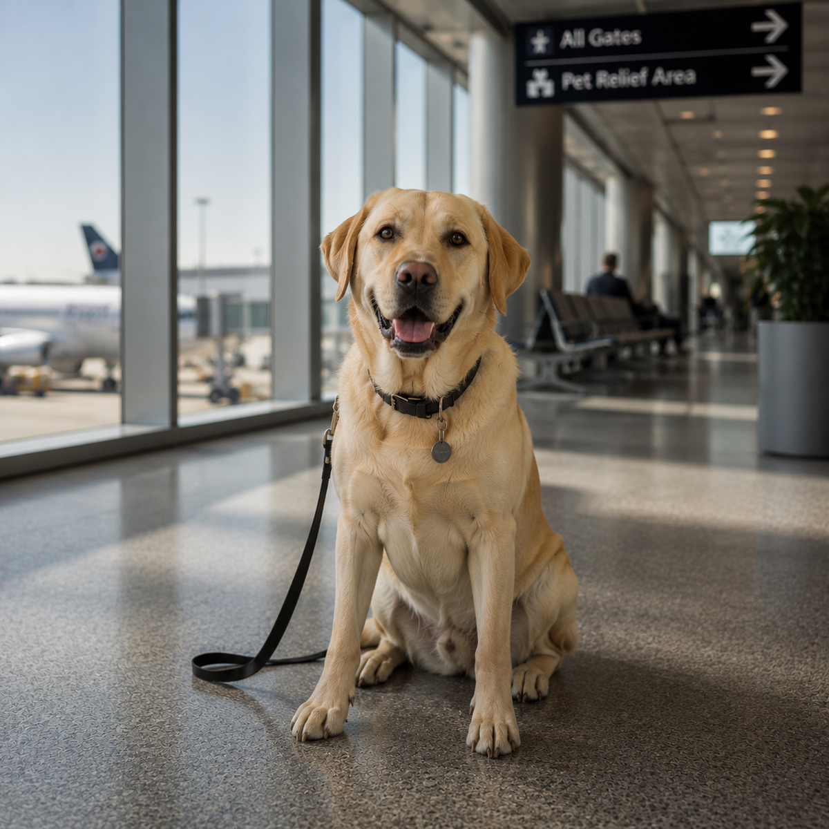 Yellow Labrador resting inside an open Airline Dog Crate in a lodge