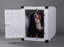 Bernese mountain dog sitting inside of a white high anxiety dog crate