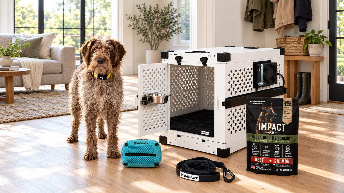 Brown dog wearing a Fi collar beside an open white Impact crate with mounted bowl, fan, fitted pad, food, toy and leash in a bright living room