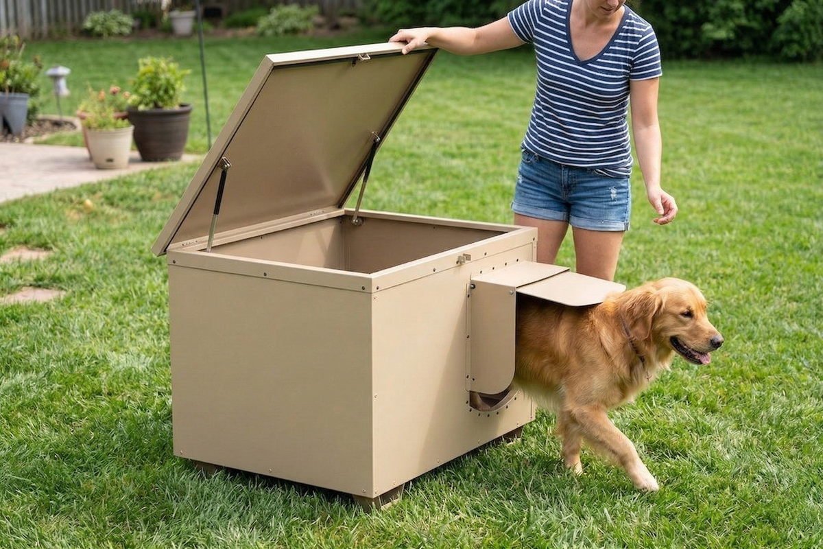 Owner opening the Dog Condo lid as a Golden Retriever steps through the swinging door
