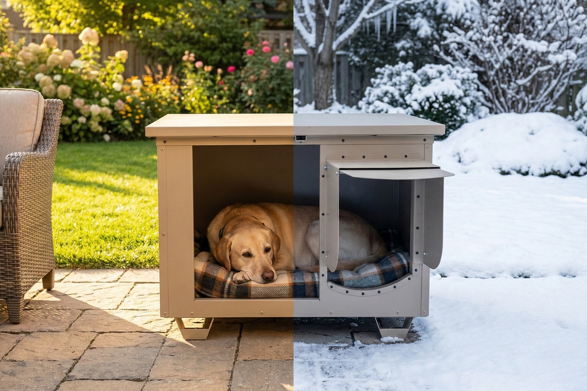 Insulated Dog Condo shown in summer and winter settings with a dog resting inside