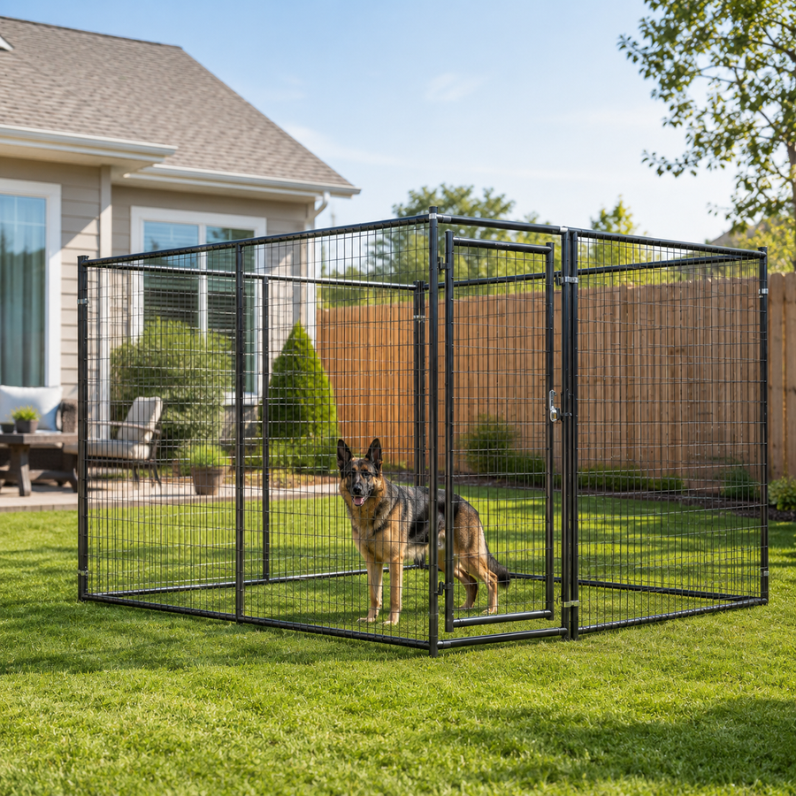 Large dog standing alert inside a secure outdoor steel kennel run