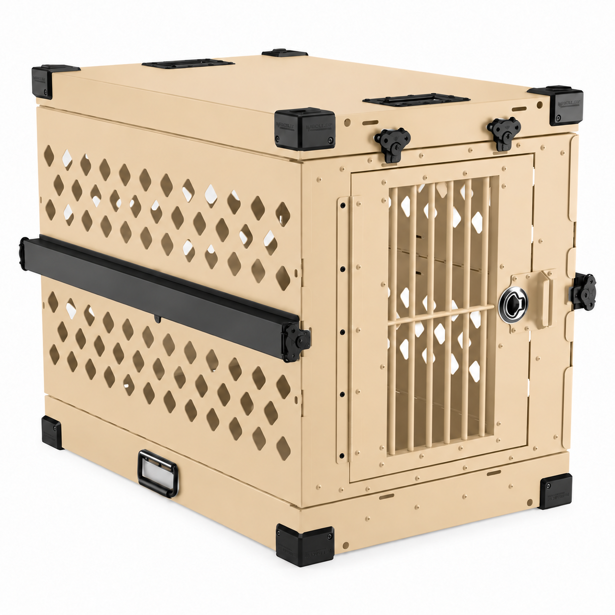 desert tan Collapsible crate with Bar Door, angled view