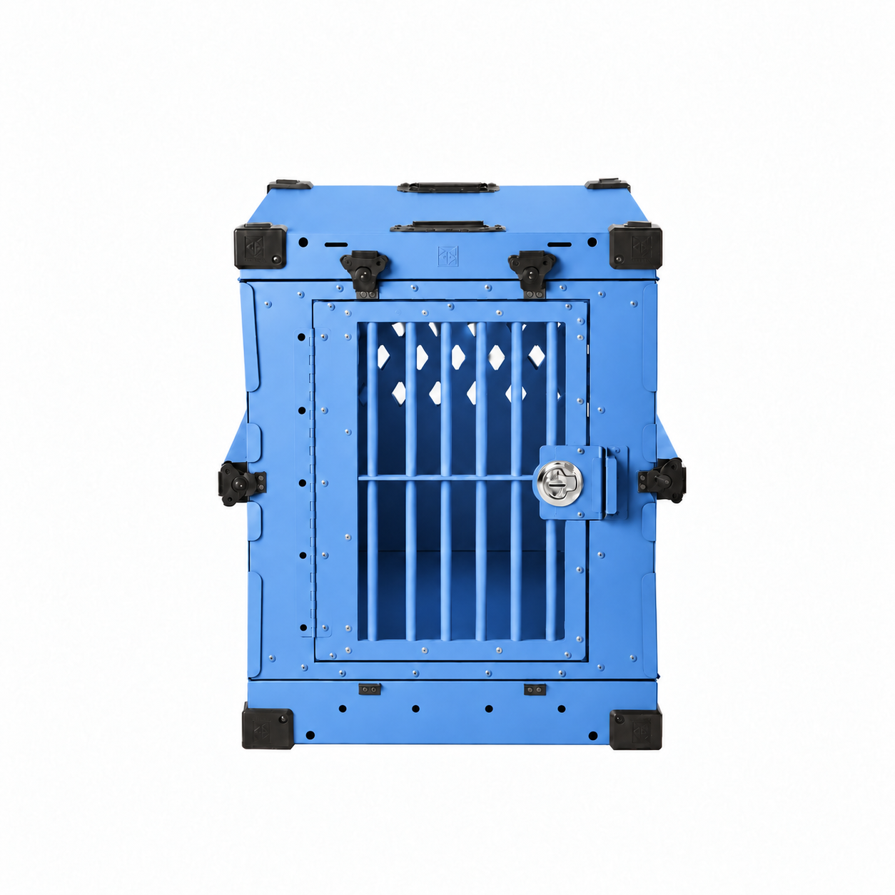 blue Collapsible crate with Bar Door, front view