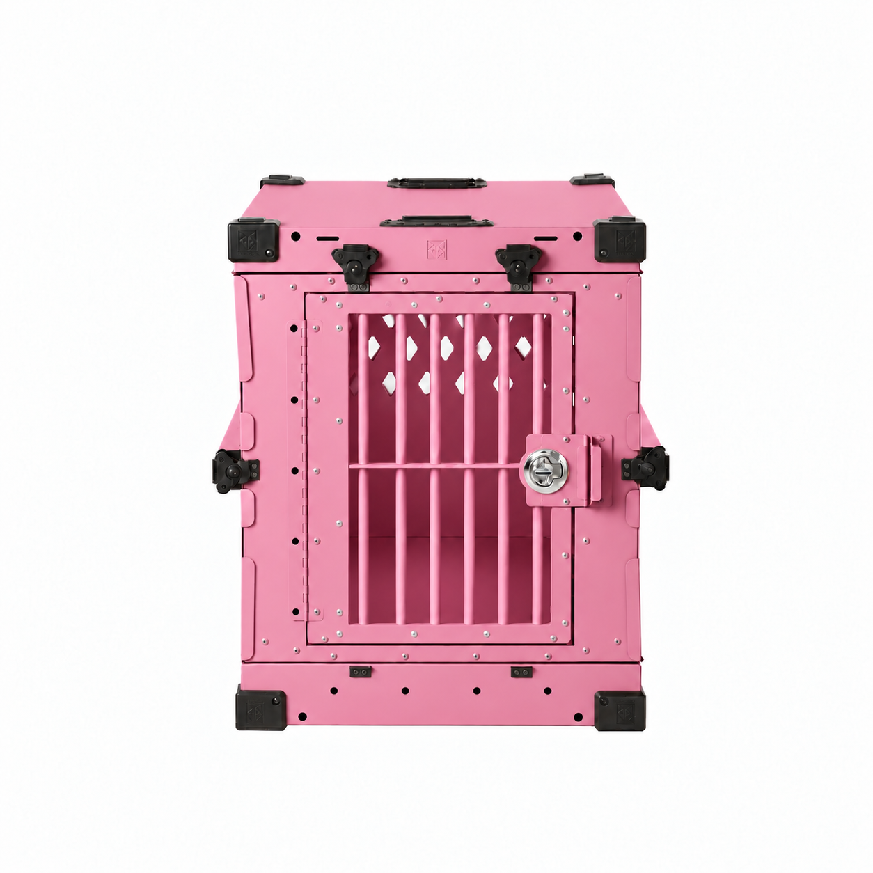 pink Collapsible Bar Door shown installed on a crate; replacement door only.
