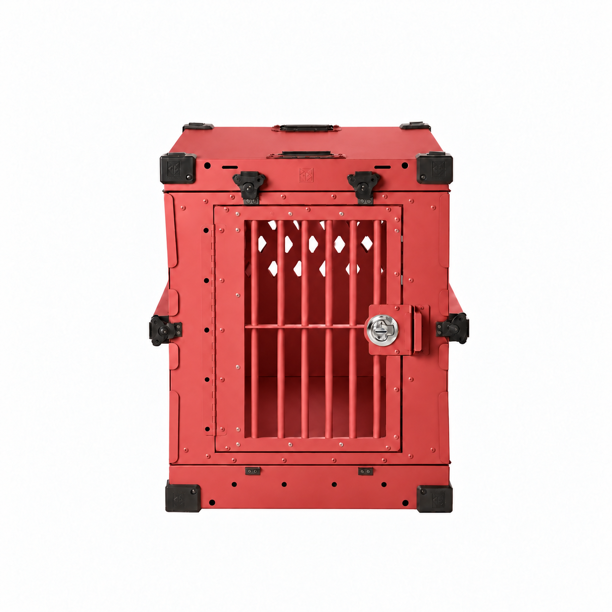red Collapsible Bar Door shown installed on a crate; replacement door only.