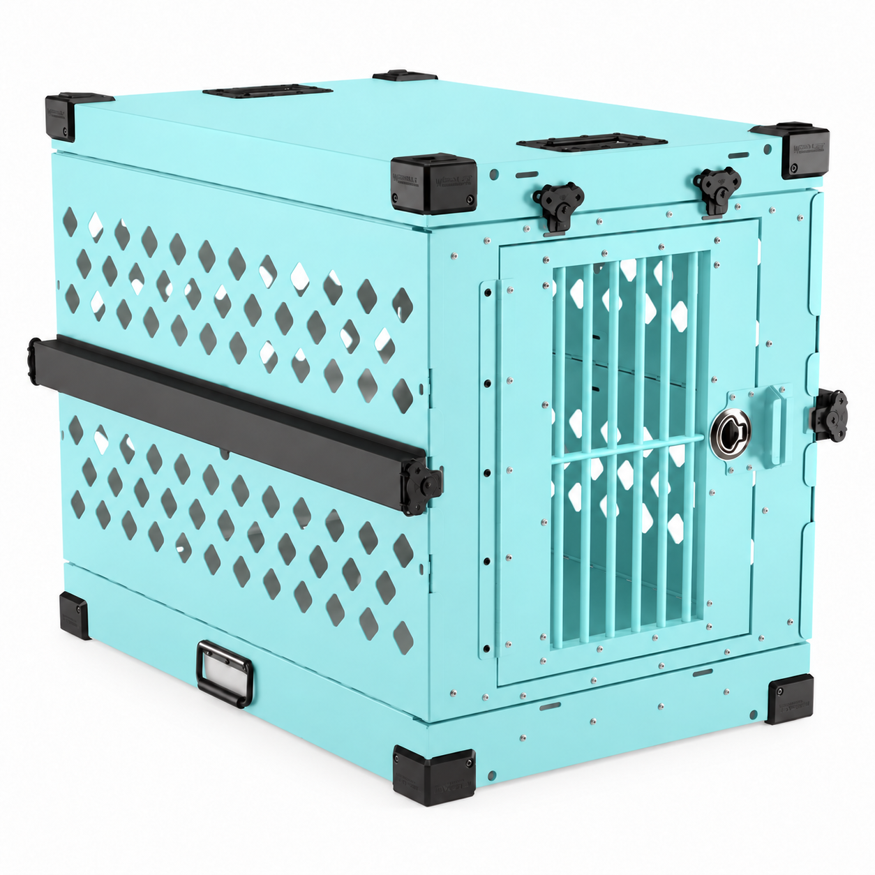 teal Collapsible crate with Bar Door, angled view