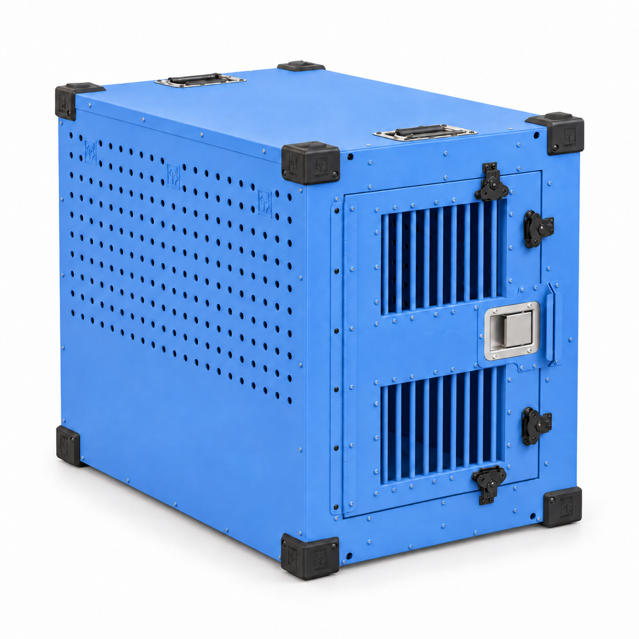 blue High Anxiety crate with Bar Door, angled view