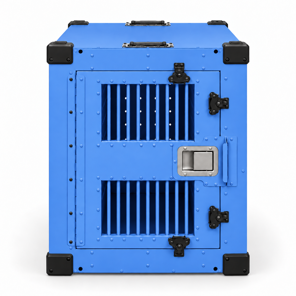 blue High Anxiety crate with Bar Door, front view