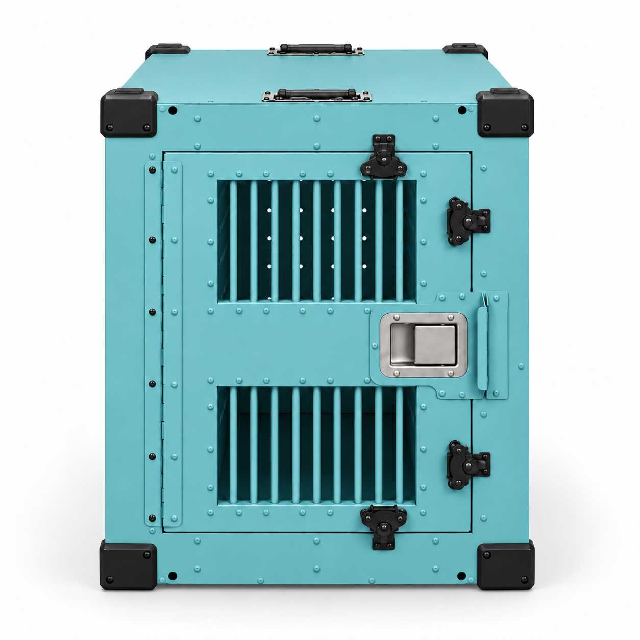 teal High Anxiety crate with Bar Door, front view