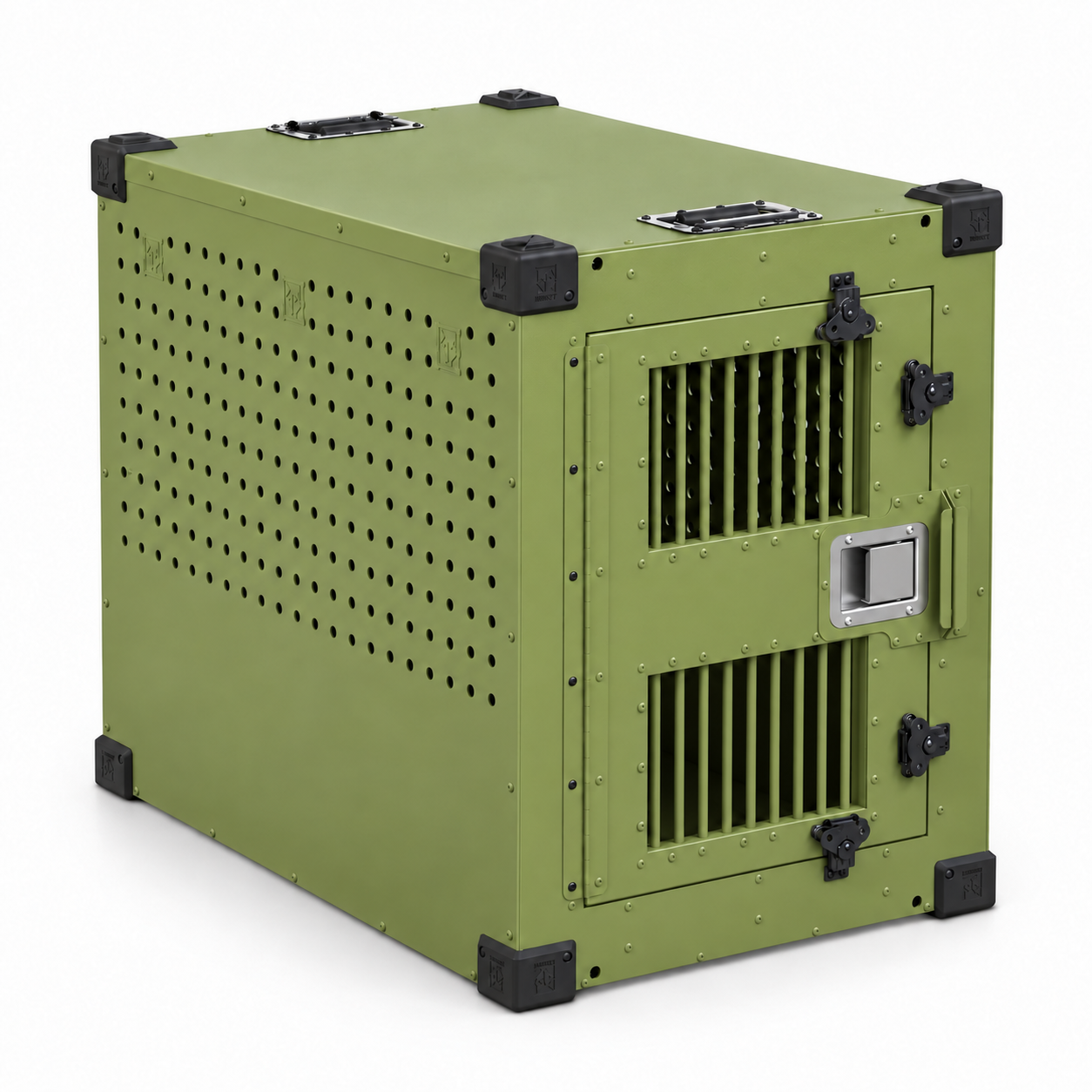 od green High Anxiety crate with Bar Door, angled view