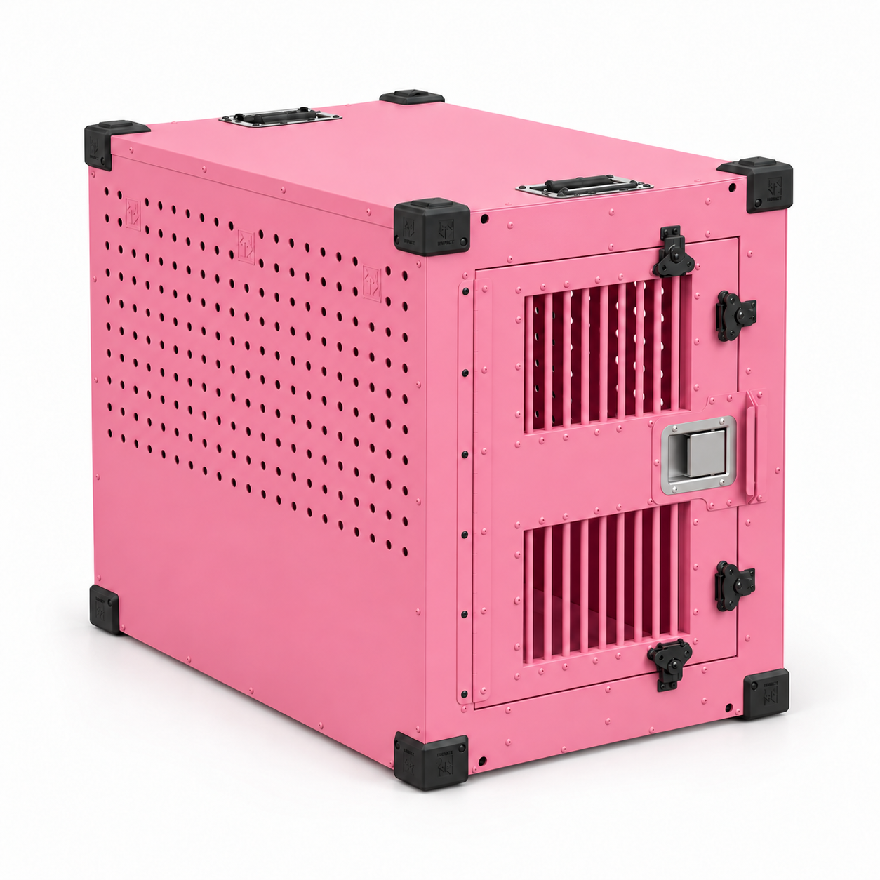 pink High Anxiety crate with Bar Door, angled view