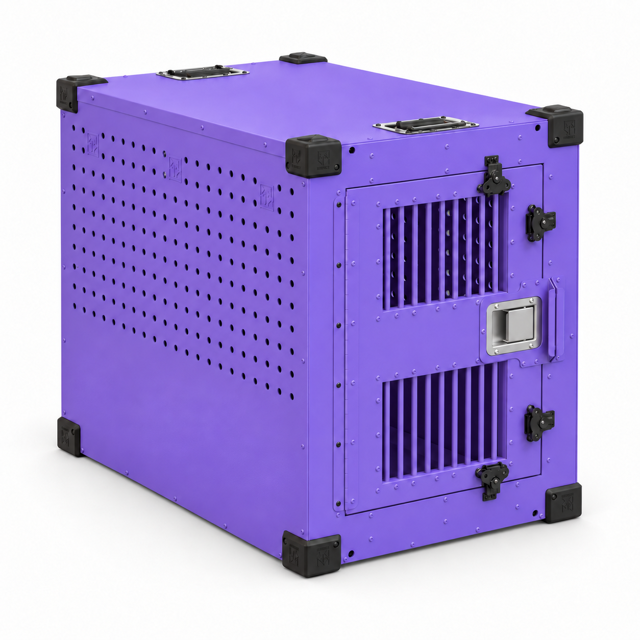 purple High Anxiety crate with Bar Door, angled view
