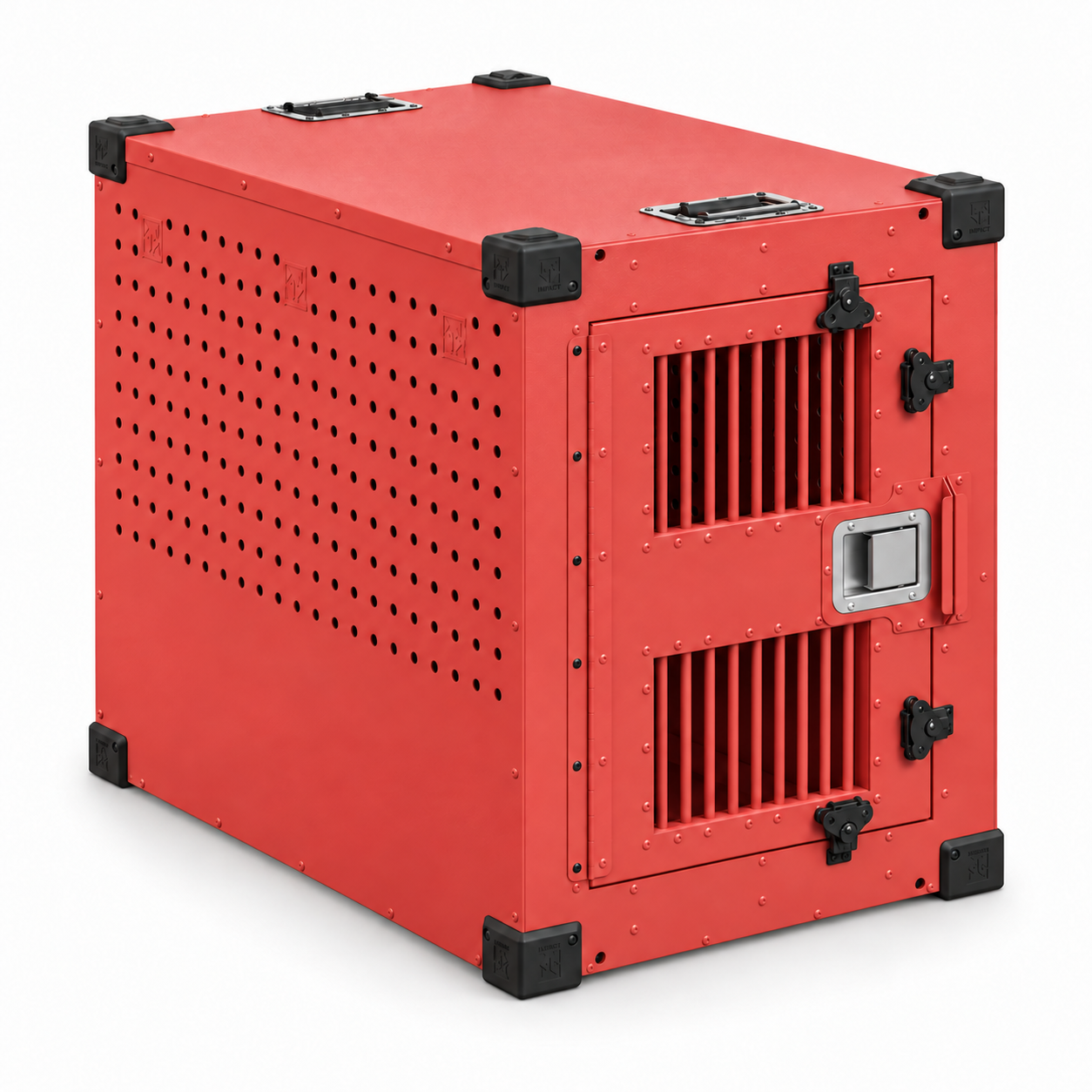 red High Anxiety crate with Bar Door, angled view