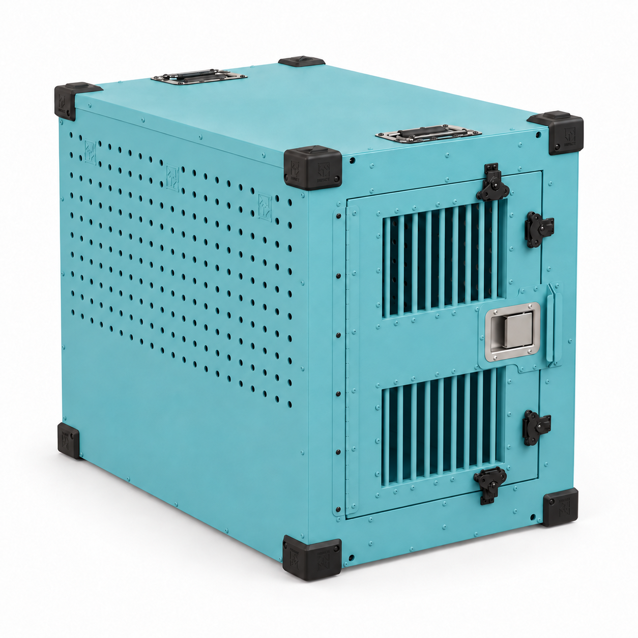 teal High Anxiety crate with Bar Door, angled view
