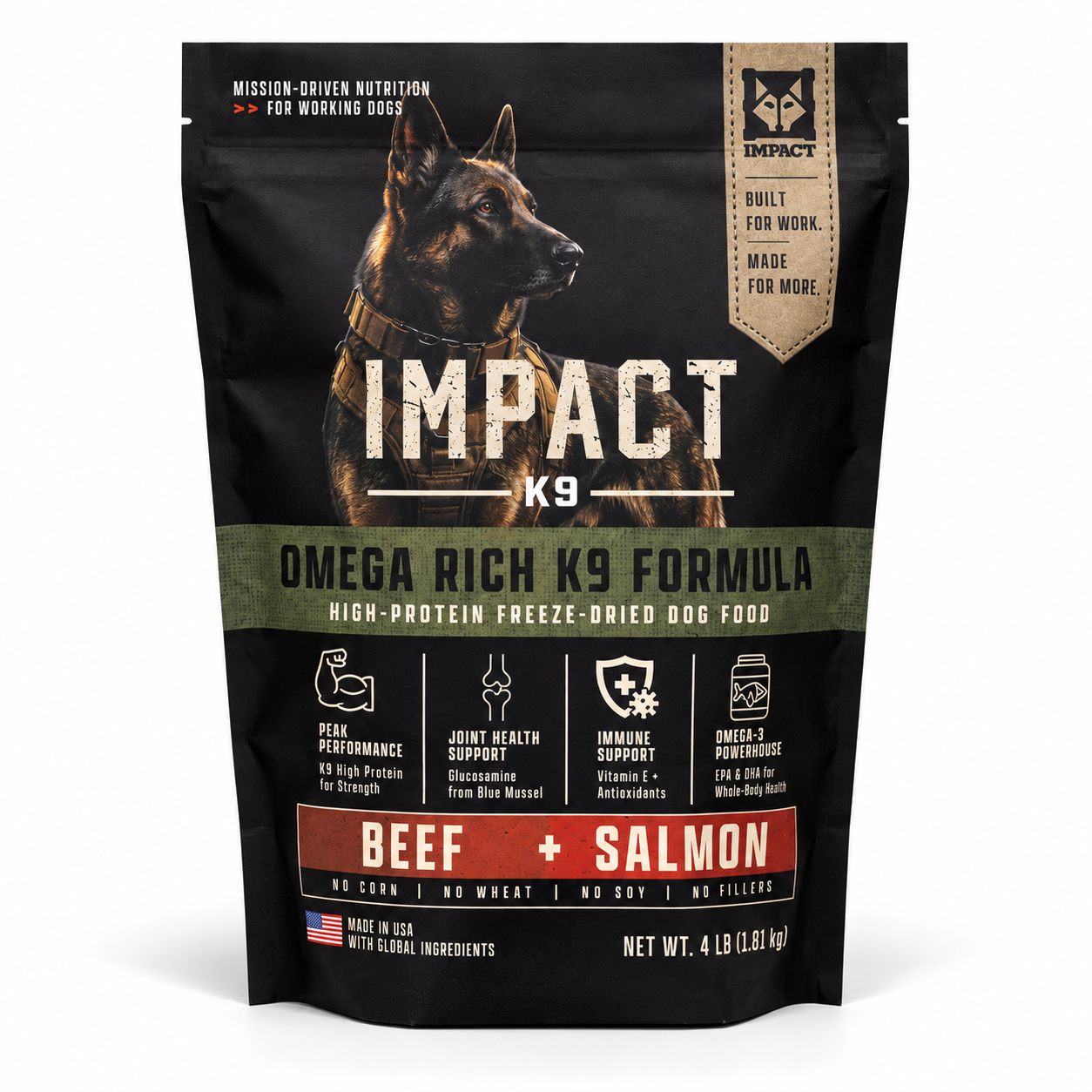 Impact K9 Beef + Salmon freeze-dried dog food, 4 lb bag