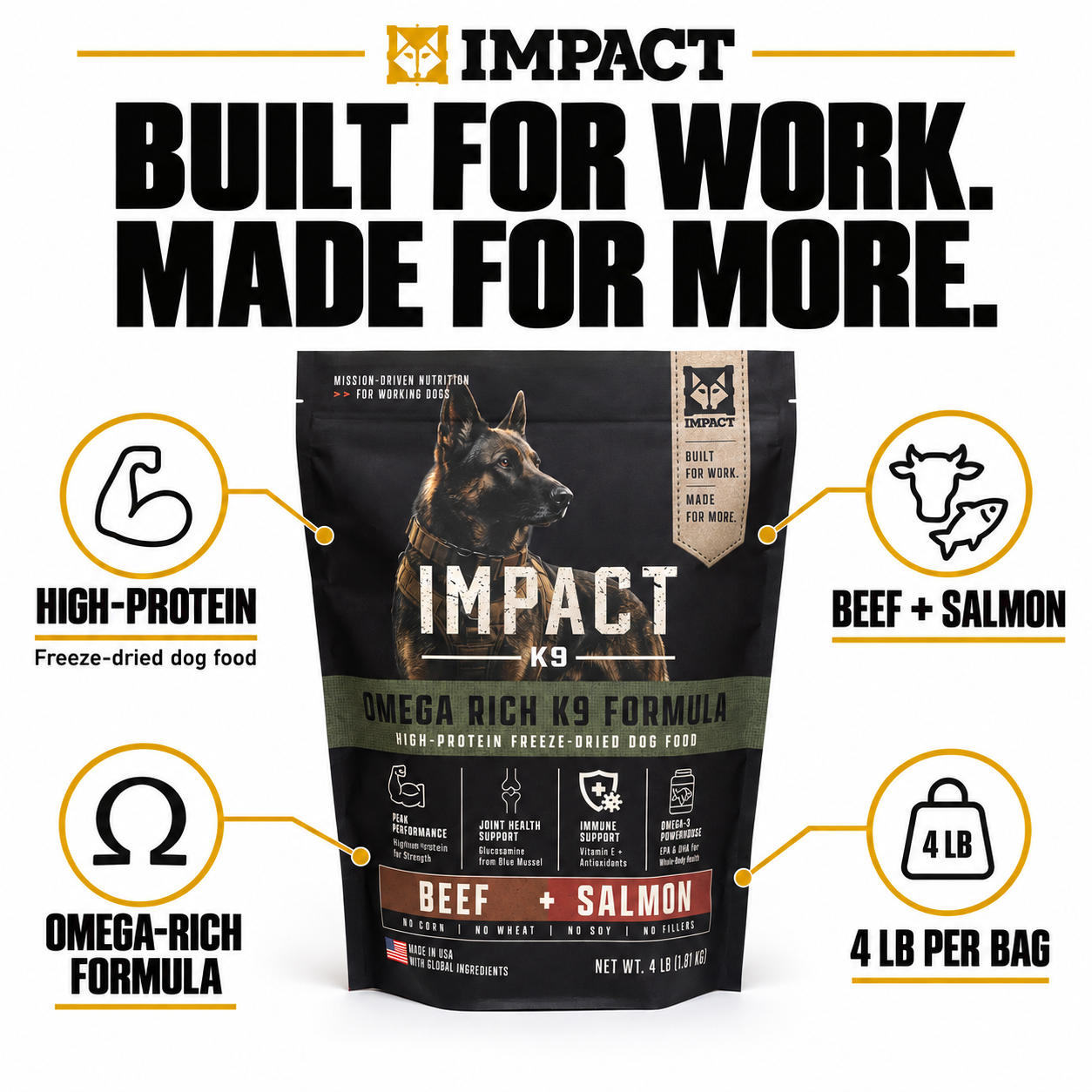 Impact K9 Beef + Salmon formula overview: high-protein, freeze-dried, omega-rich, 4 lb bag