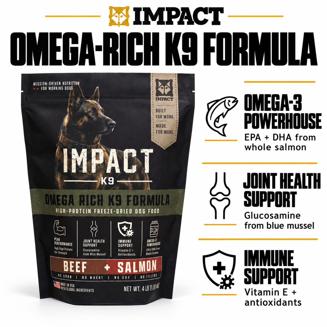 Impact K9 omega-rich formula with omega-3, joint health and immune support