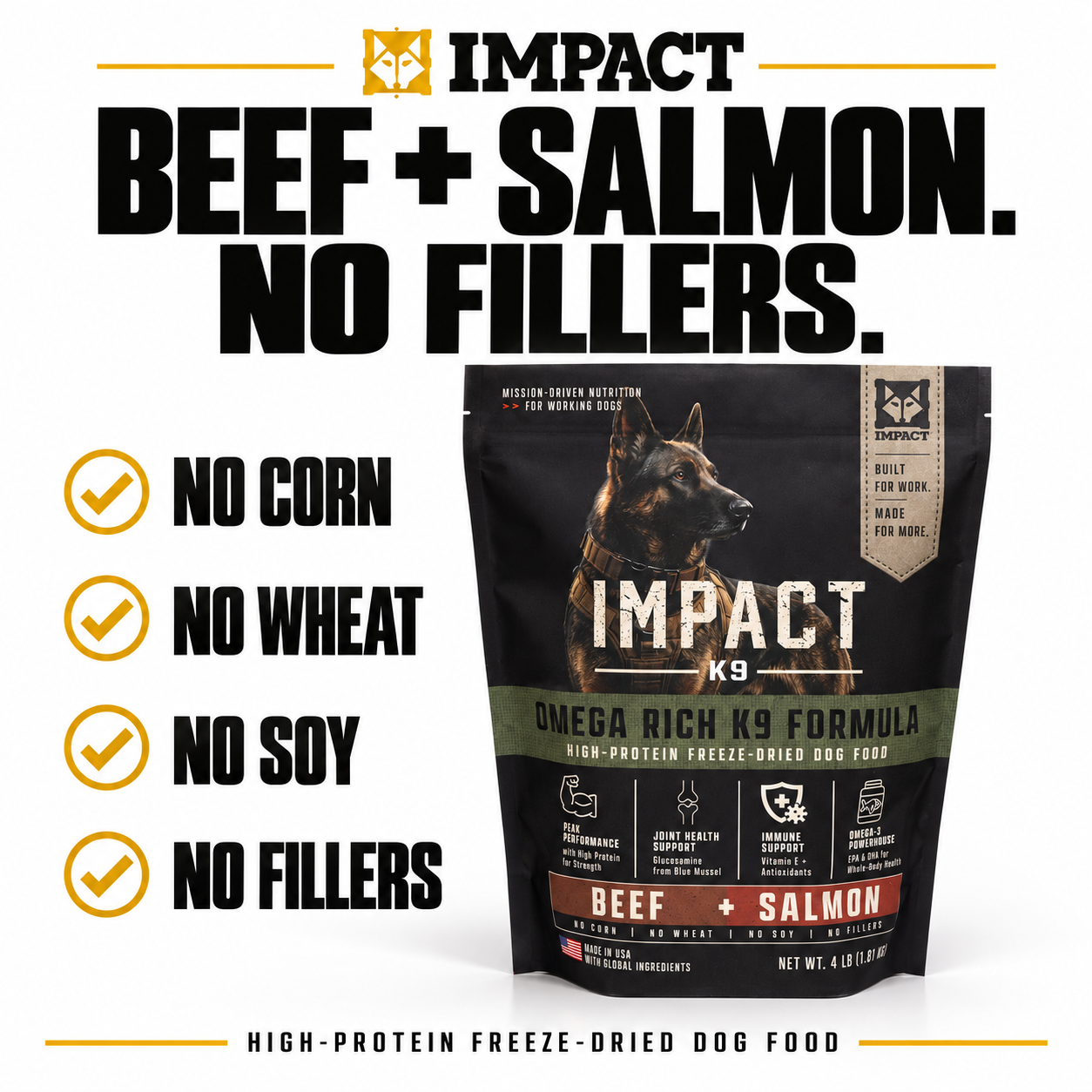 Impact K9 Beef + Salmon: no corn, no wheat, no soy, no fillers
