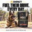 Impact K9 Beef + Salmon bag beside a German Shepherd at a training field