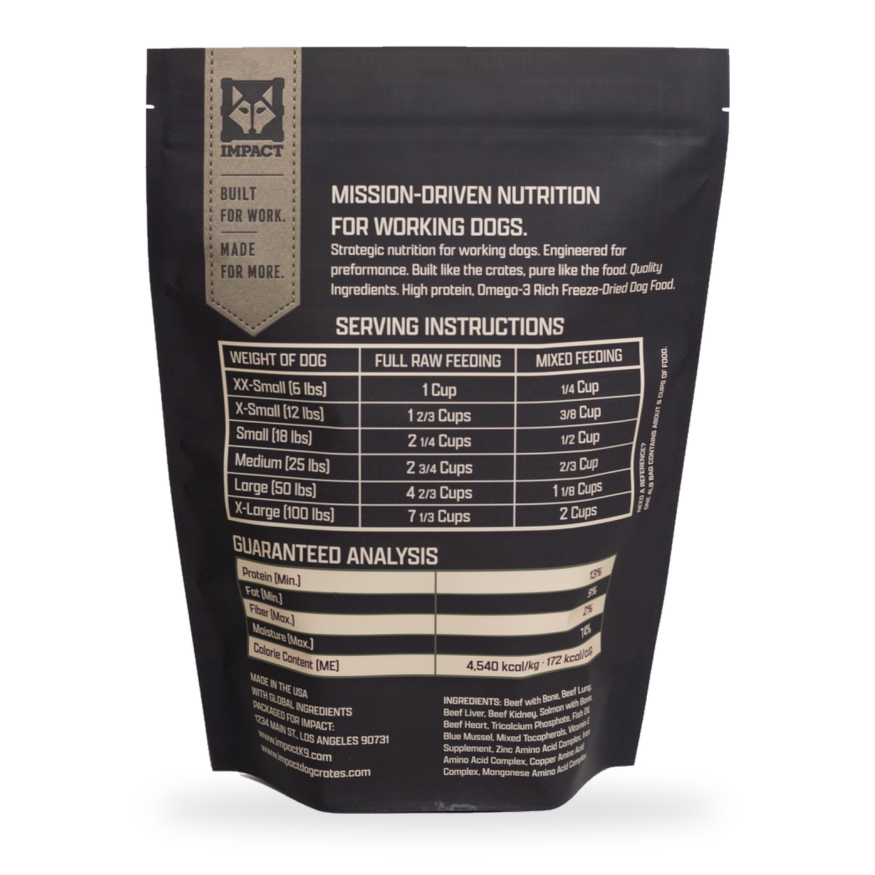 Back of Impact K9 Beef + Salmon bag showing original serving instructions, guaranteed analysis, and ingredients