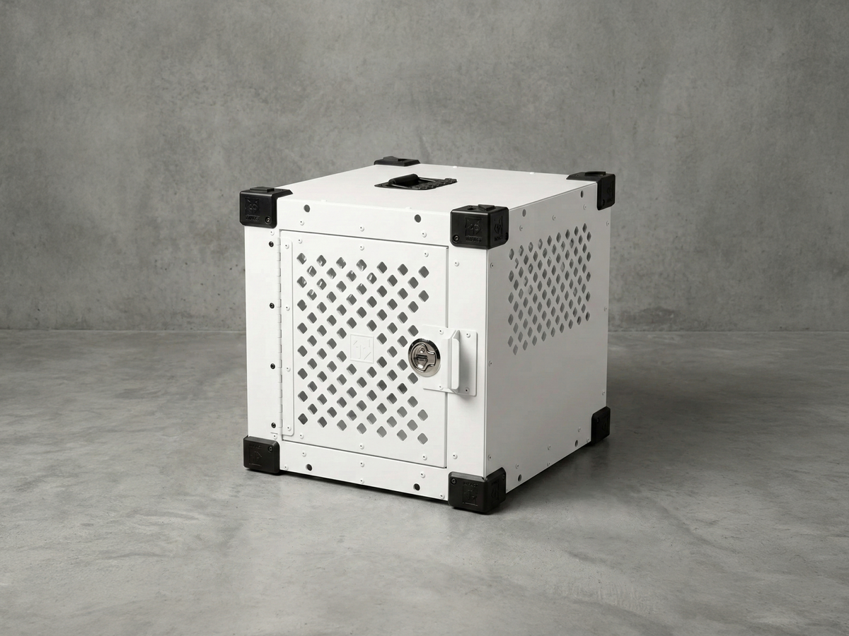 White Mini Stationary aluminum crate with diamond ventilation and front door