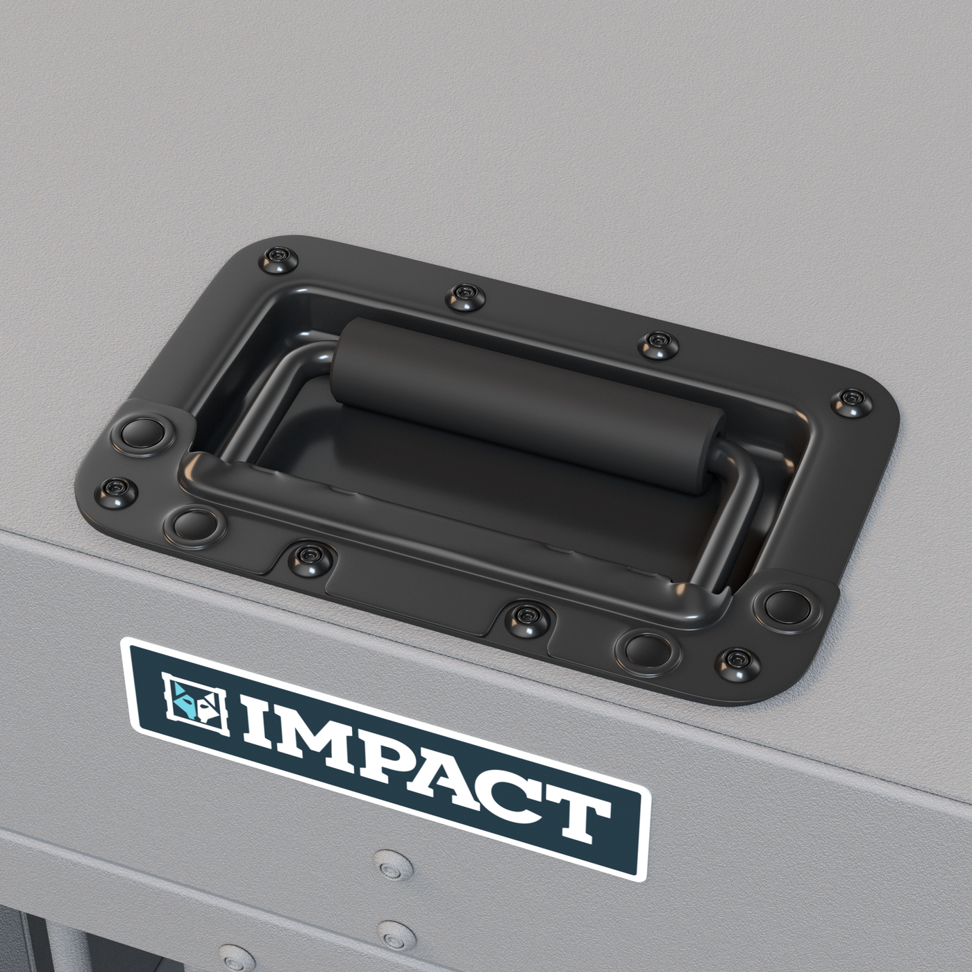  closeup of spring loaded top spring handle gray stationary impact crate